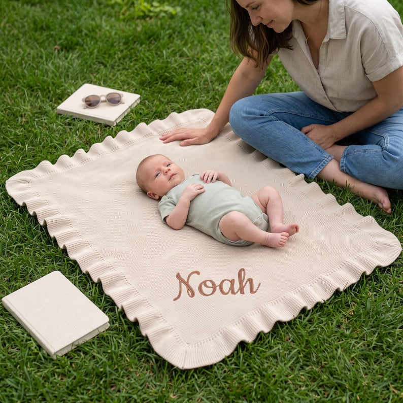 Personalized Ruffle Knit Newborn Name Blanket